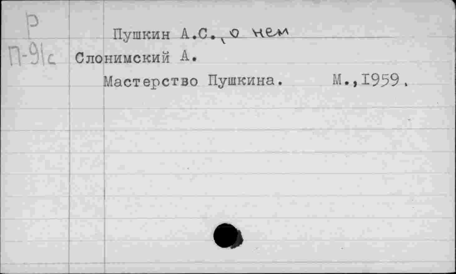 ﻿
Пушкин А.С>ЛО Слонимский А»
Мастерство Пушкина.
М.,1959.